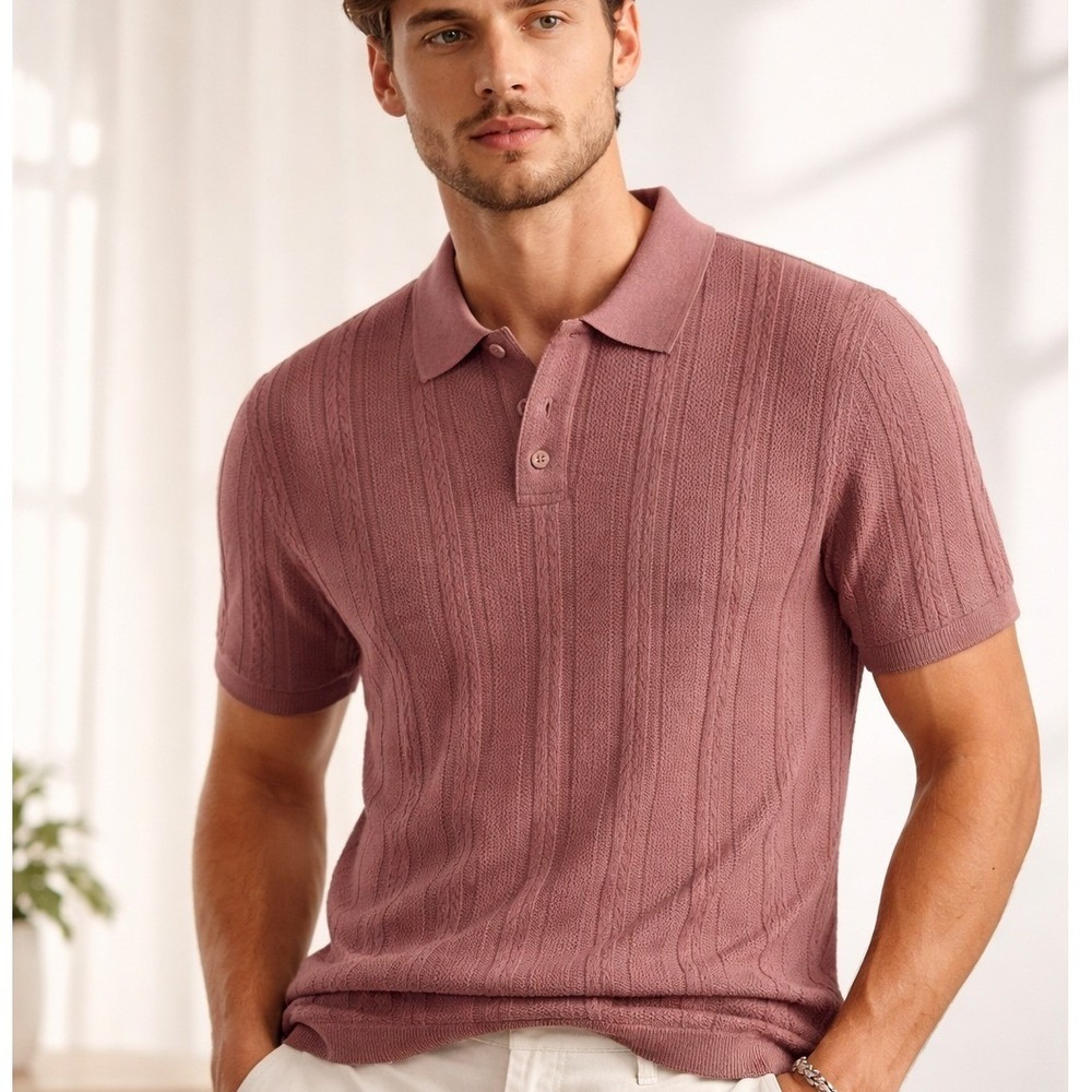 Hollister Knit‎ Polo Shirt Large Pink Textured Short Sleeve Casual